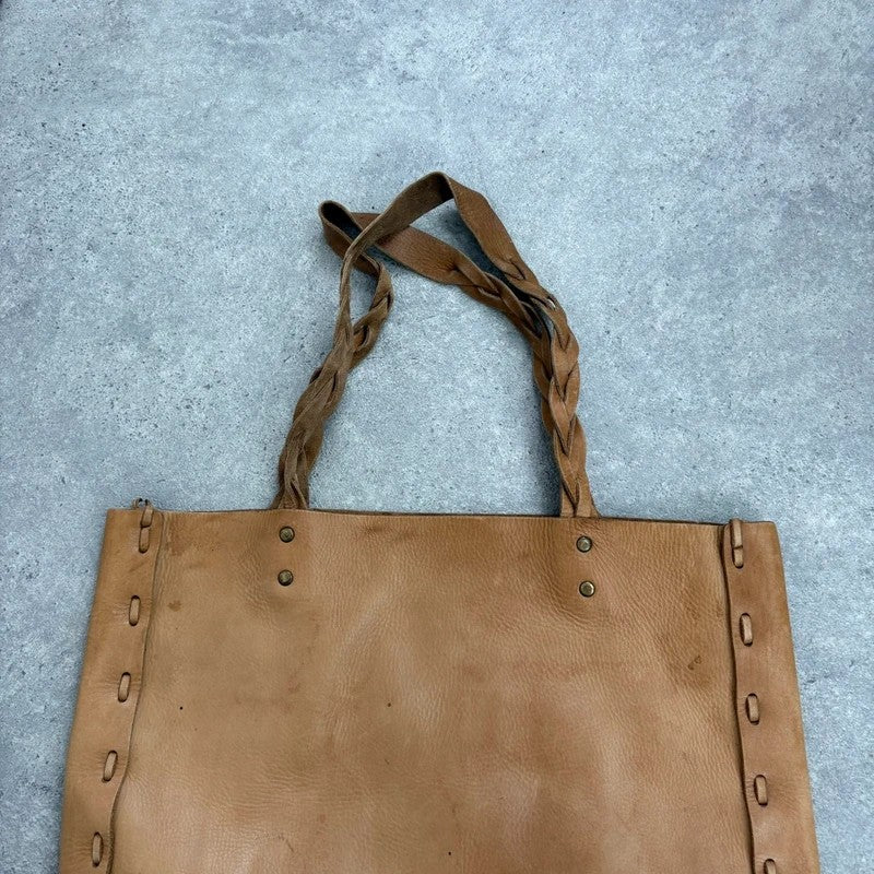 Beige leather woven distressed shoulder bag