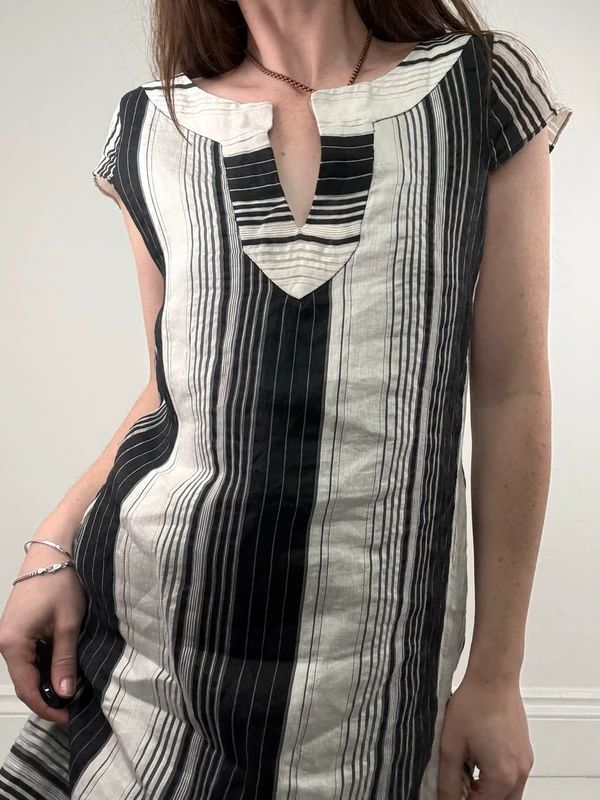 black and white linen pinstripe a-line mini dress