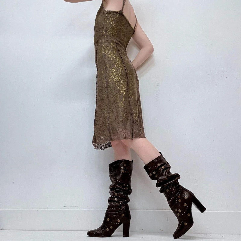khaki lace layered fairy midi dress