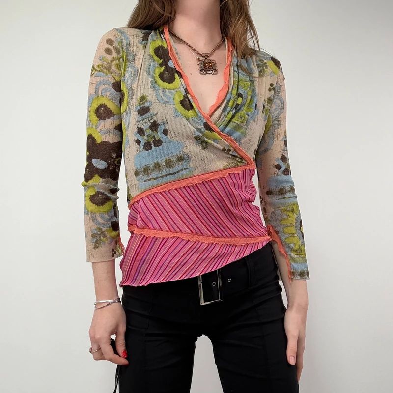 Asymmetric Printed Pinstripe Top
