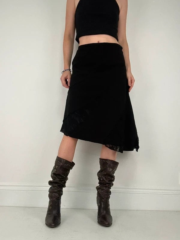black asymmetric lace panelled midi skirt