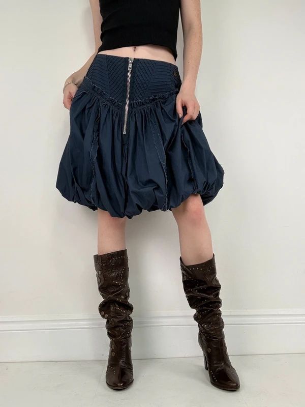 Puff parachute navy pleated midi flare skirt with zipper