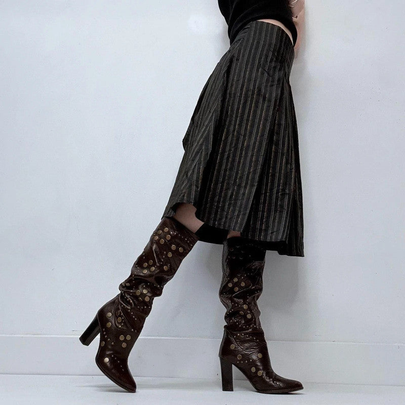 black pinstripe flared midi skirt