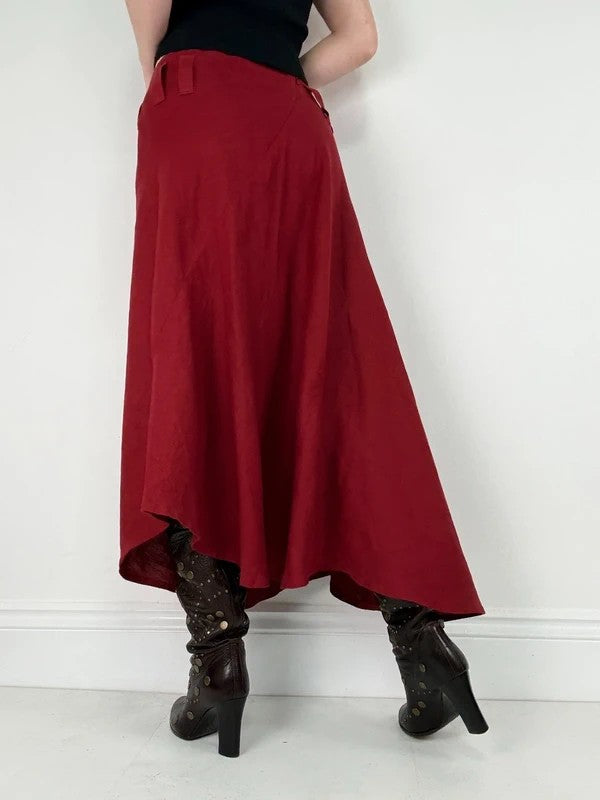 red linen bias cut asymmetric maxi skirt