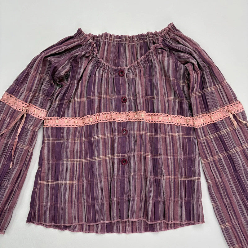 tartan off the shoulder gathered cotton shirt