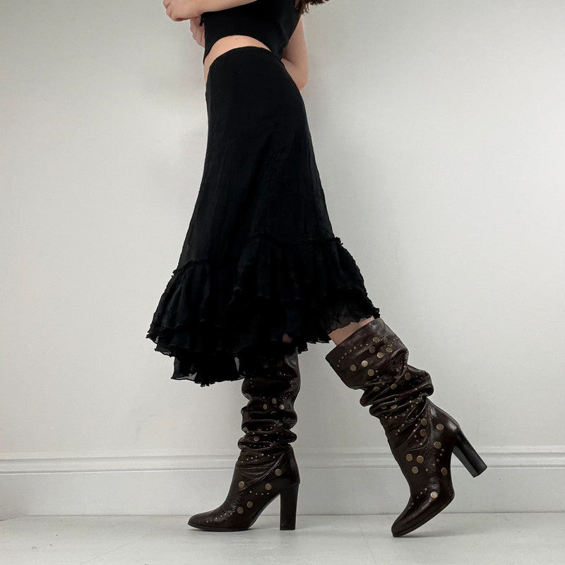 black crinkle pleated ruffle midi skirt