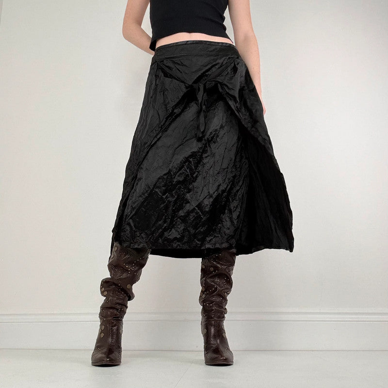 black crinkle satin tie up layered skirt