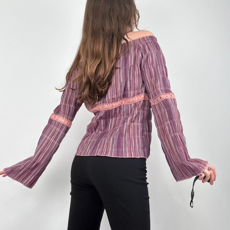 tartan off the shoulder gathered cotton shirt