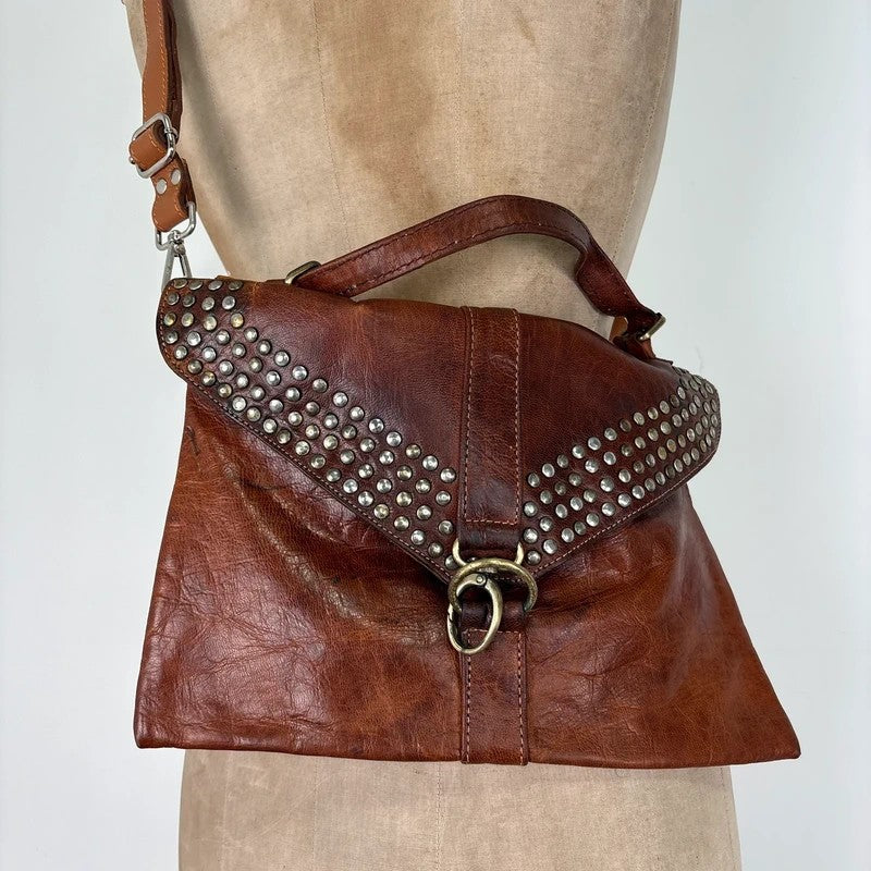 Studded distressed brown leather cargo messenger bag