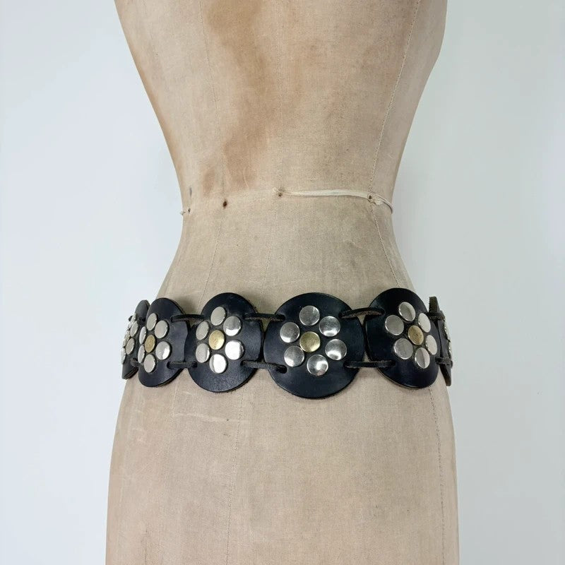 Black leather studded circle belt