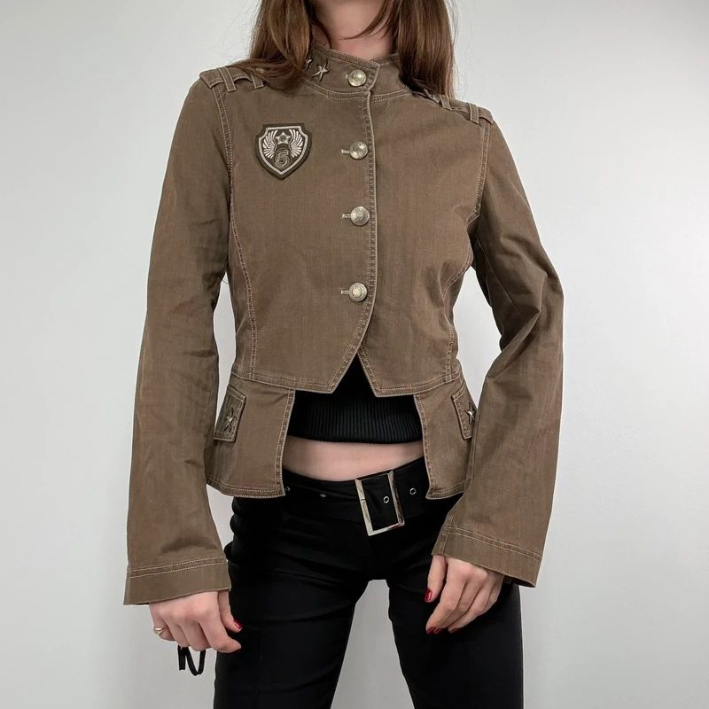 Khaki asymmetric fitted military jacket