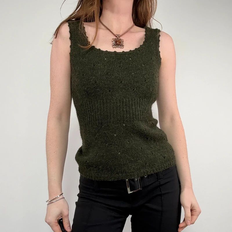 khaki knitted mohair pointelle vest