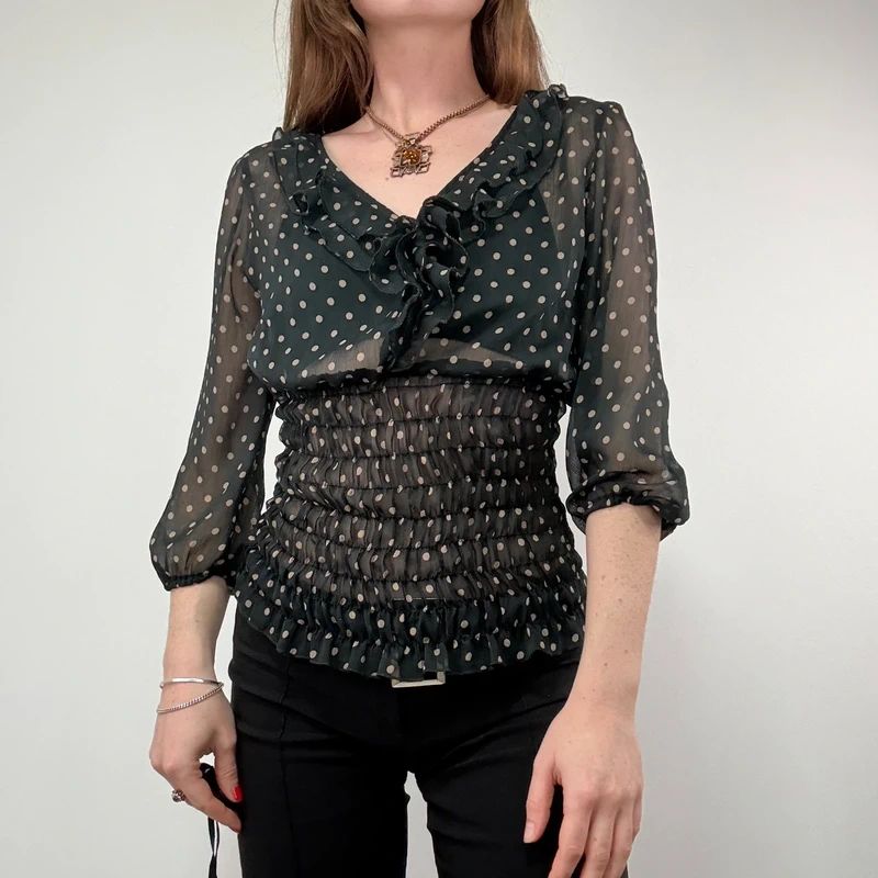 sheer black polkadot cinched shirt