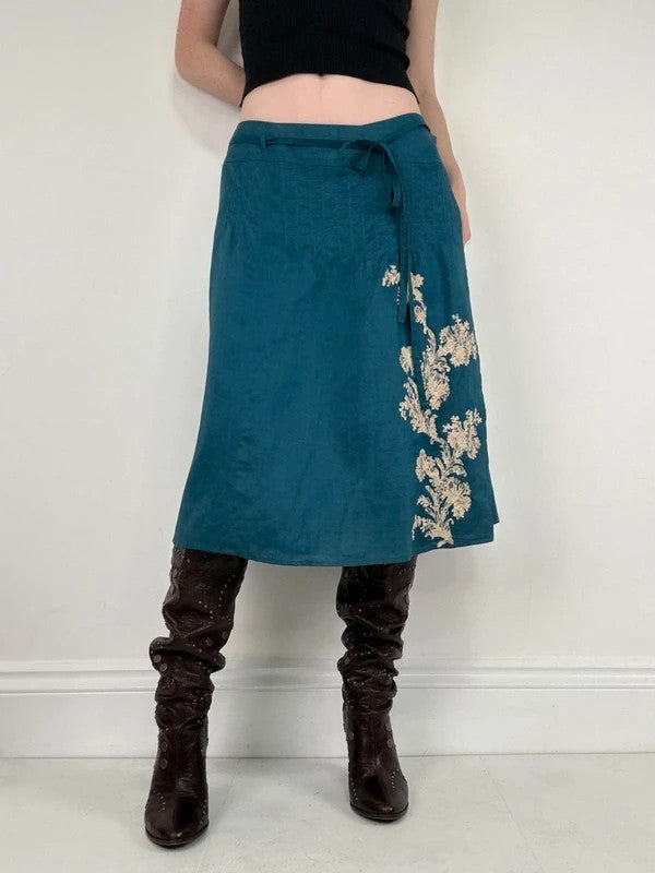 blue linen embroidered wrap lace midi skirt