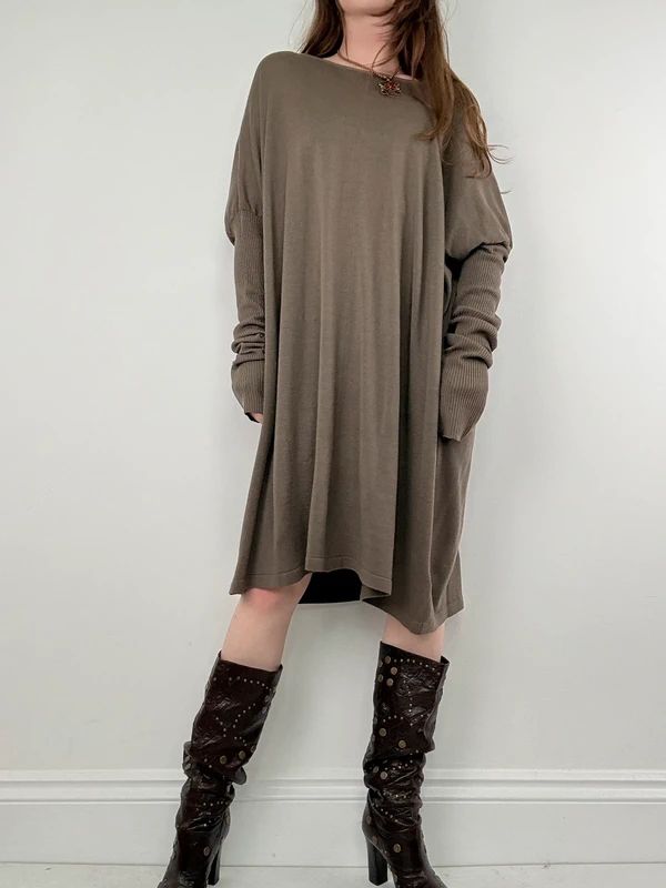 khaki batwing slouchy long sleeve dress