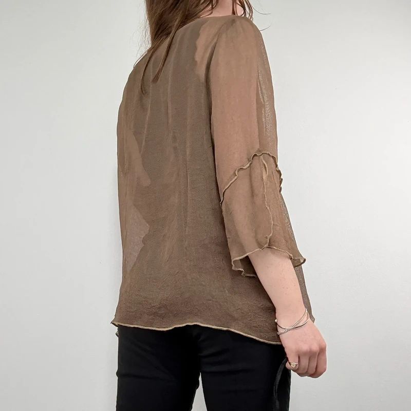 brown ruffle mesh slouchy flare shirt
