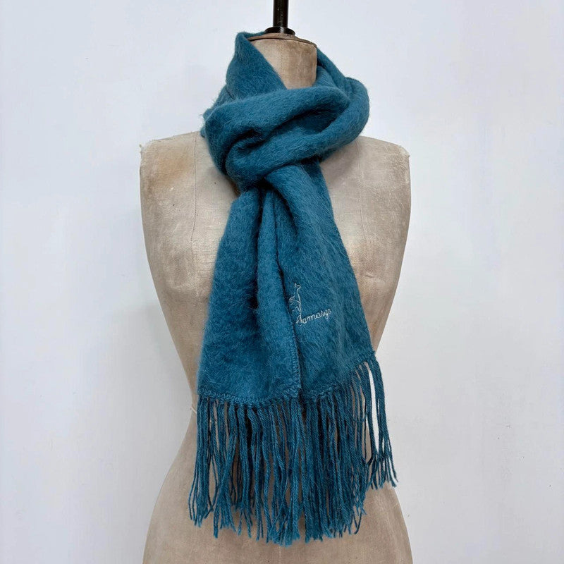 blue wool mohair knit tassel scarf
