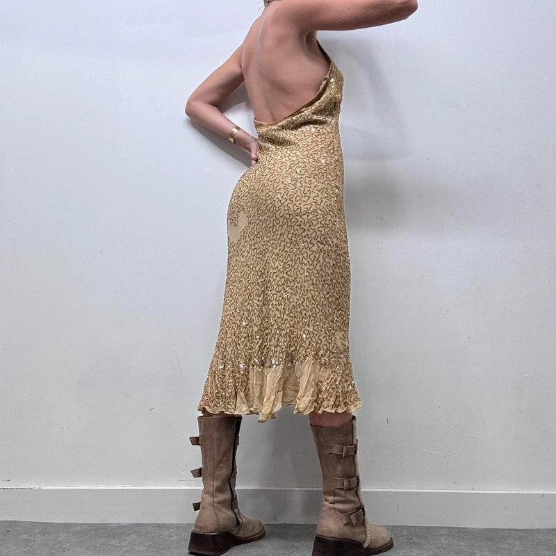 gold beaded silk halter neck midi dress