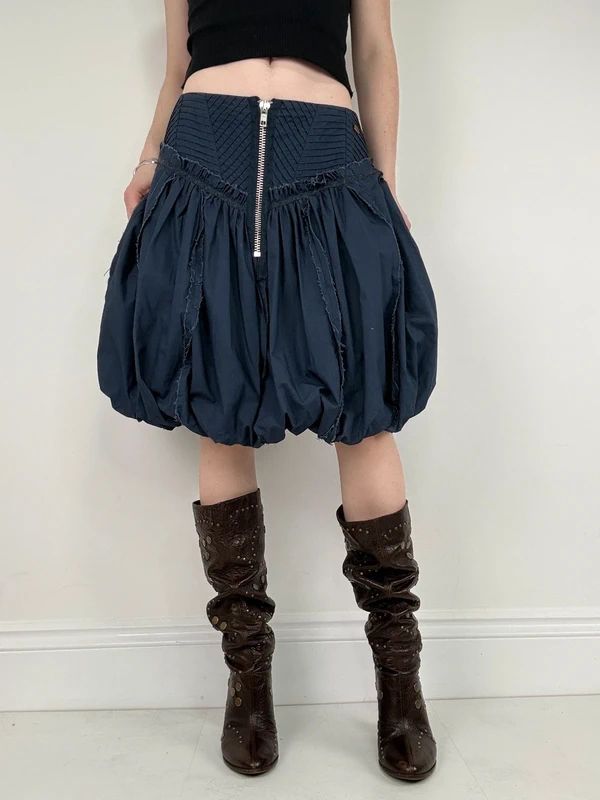 Puff parachute navy pleated midi flare skirt with zipper