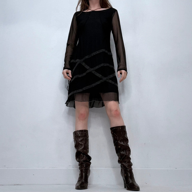 long sleeve flared mesh black dress