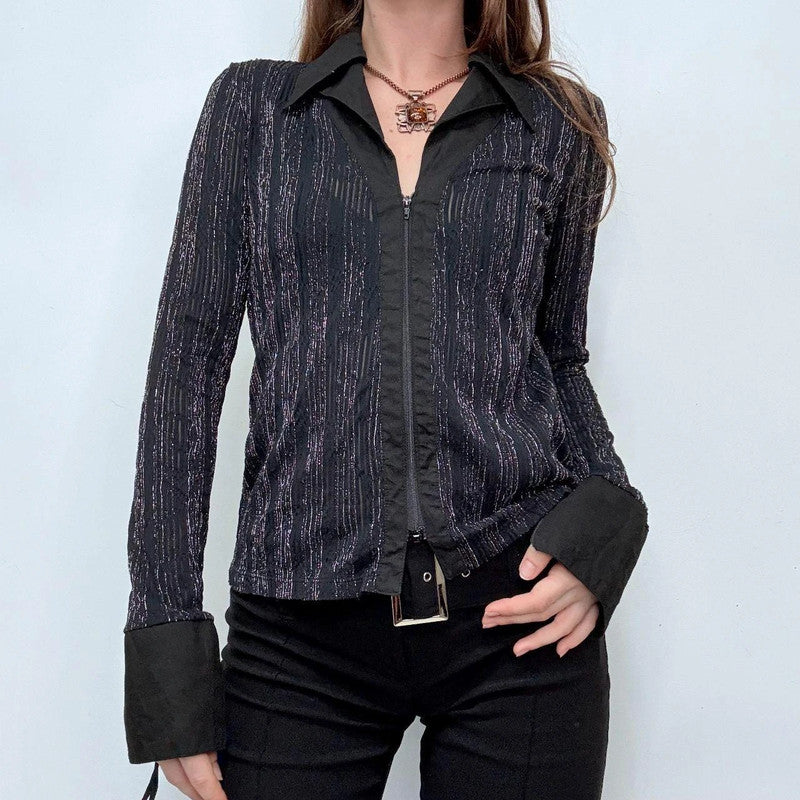 black pinstripe flared office shirt