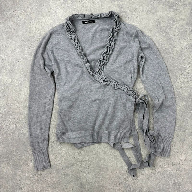 grey knit ruffle wrap cardigan