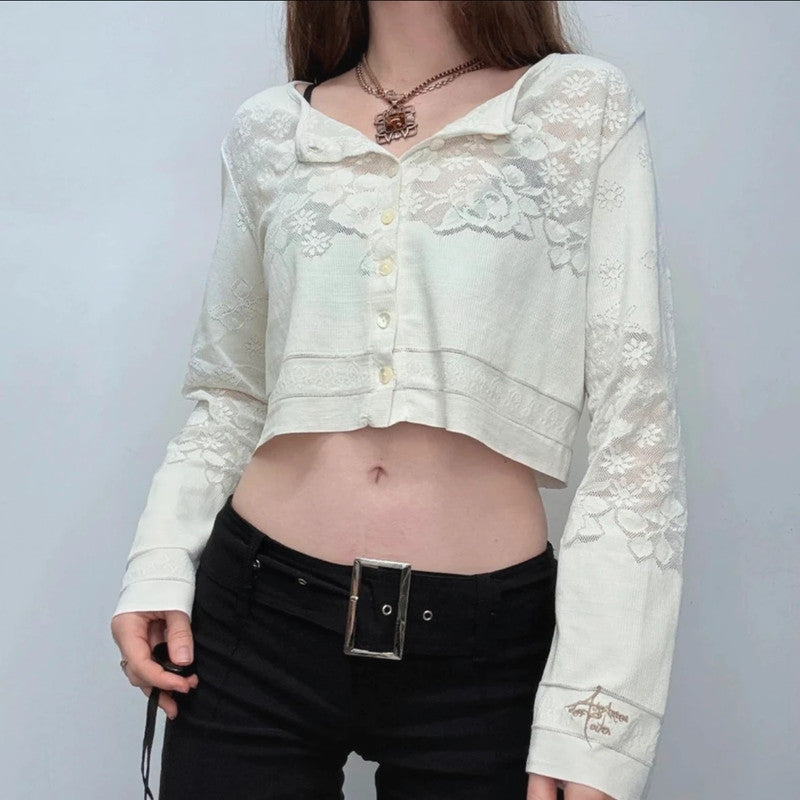 Cropped lace pointelle cardigan