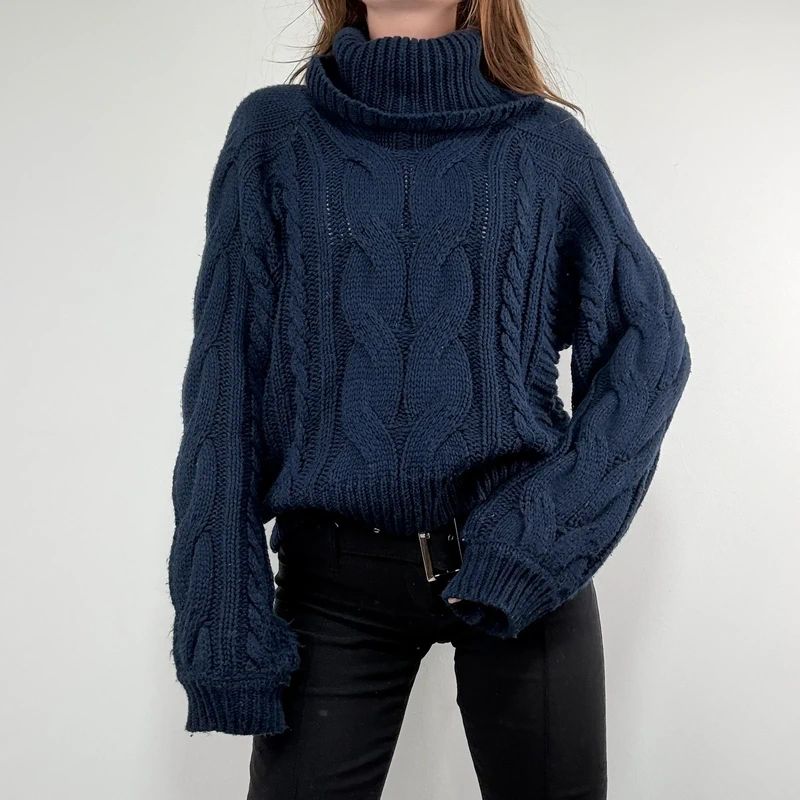 navy chunky cable knit turtle neck jumper