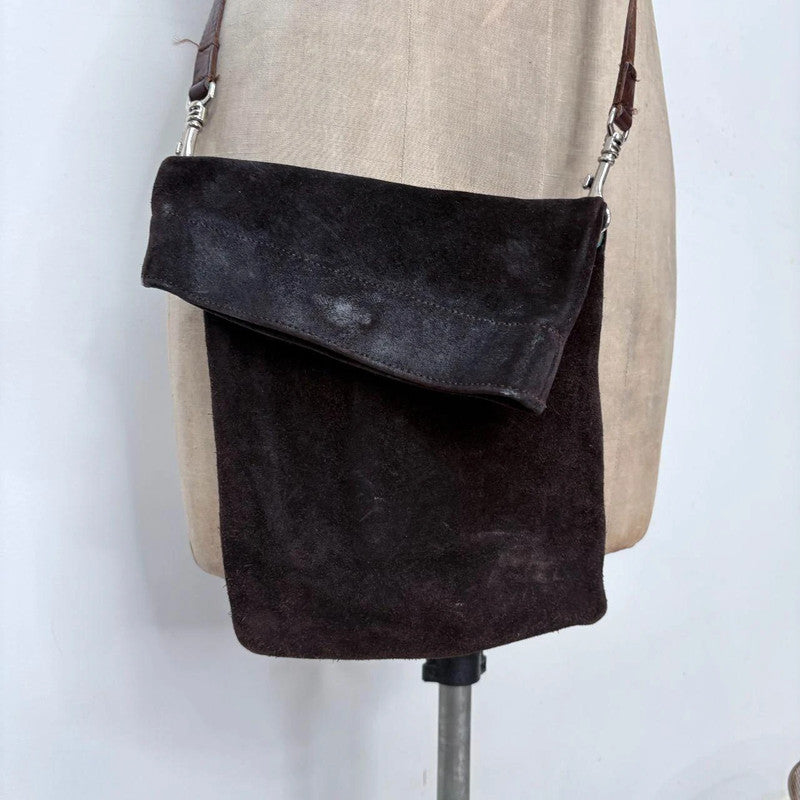dark brown suede asymmetric fold over crossbody bag