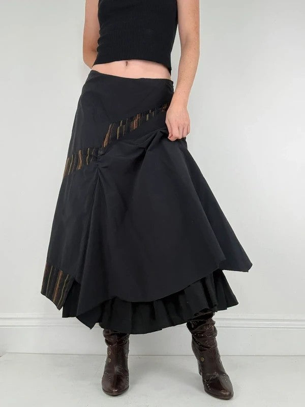 Black flared pleated pinstriped layered maxi skirt