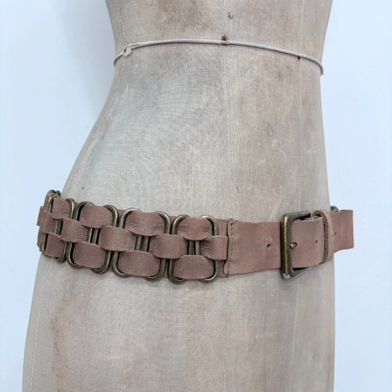 brown leather woven chain belt