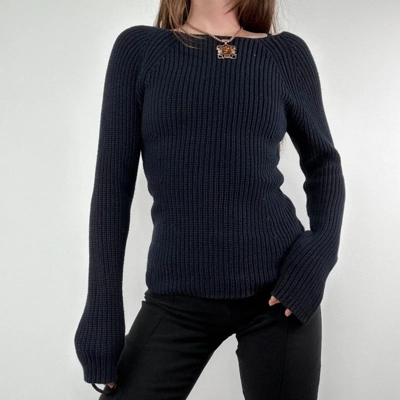chunky navy knitted slash neck fisherman rib jumper