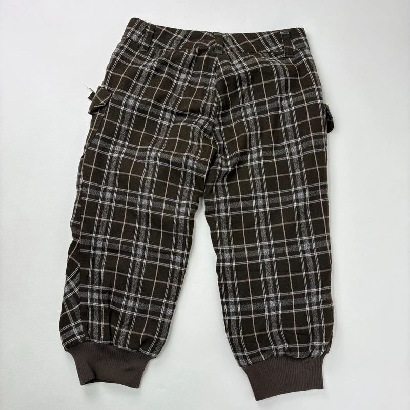 khaki tartan puff cinched capri trousers