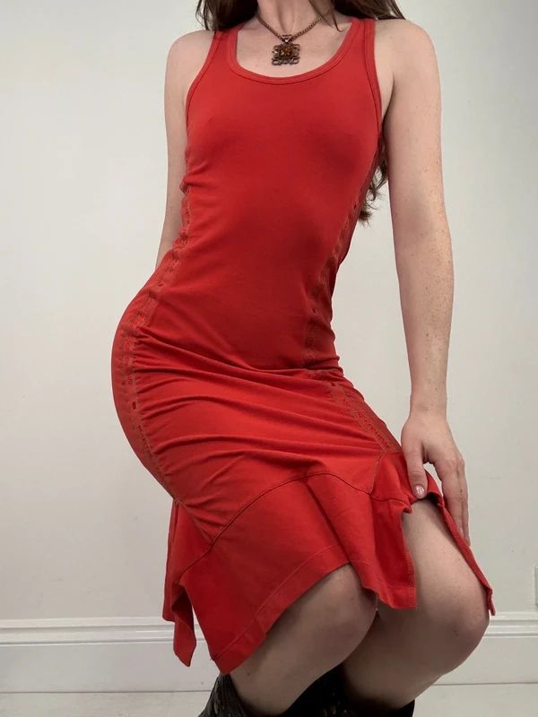 Marithé + François Girbaud gathered red midi dress