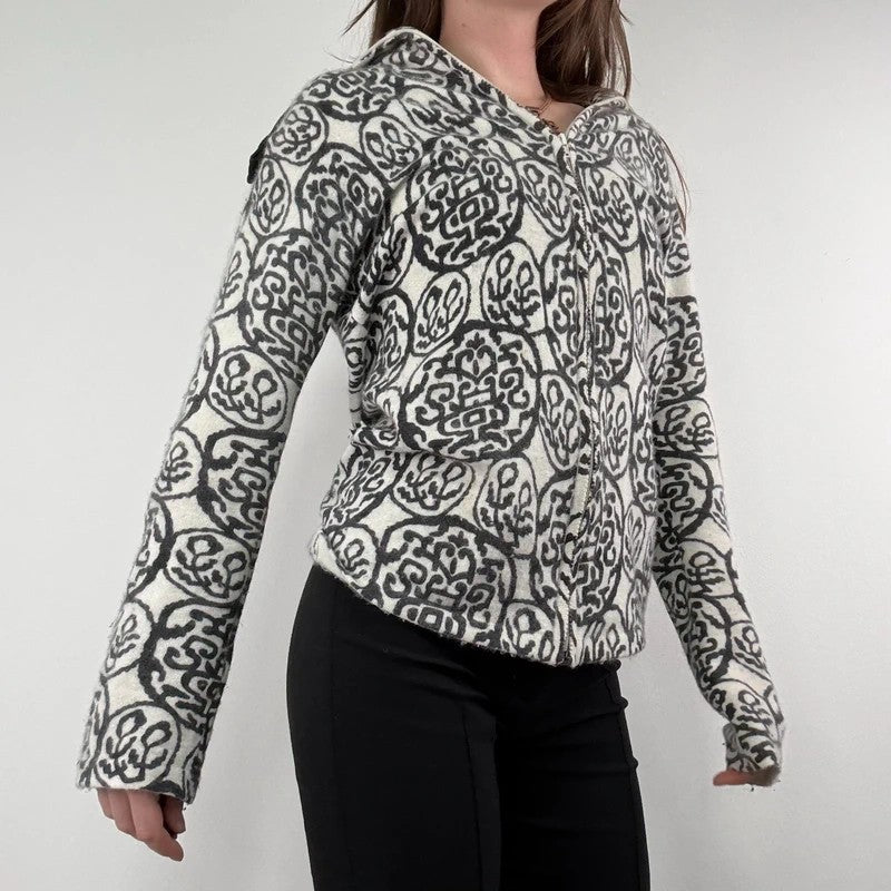 black and white slouchy patterned knit jumper, angora zip through funnel neck