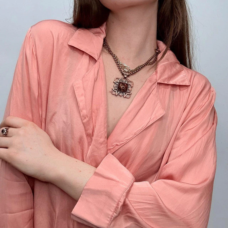 pink silky satin wrap button shirt