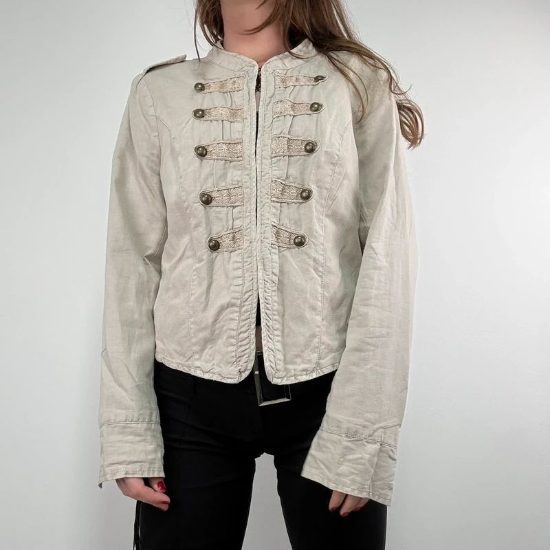 cotton khaki distressed button military jacket