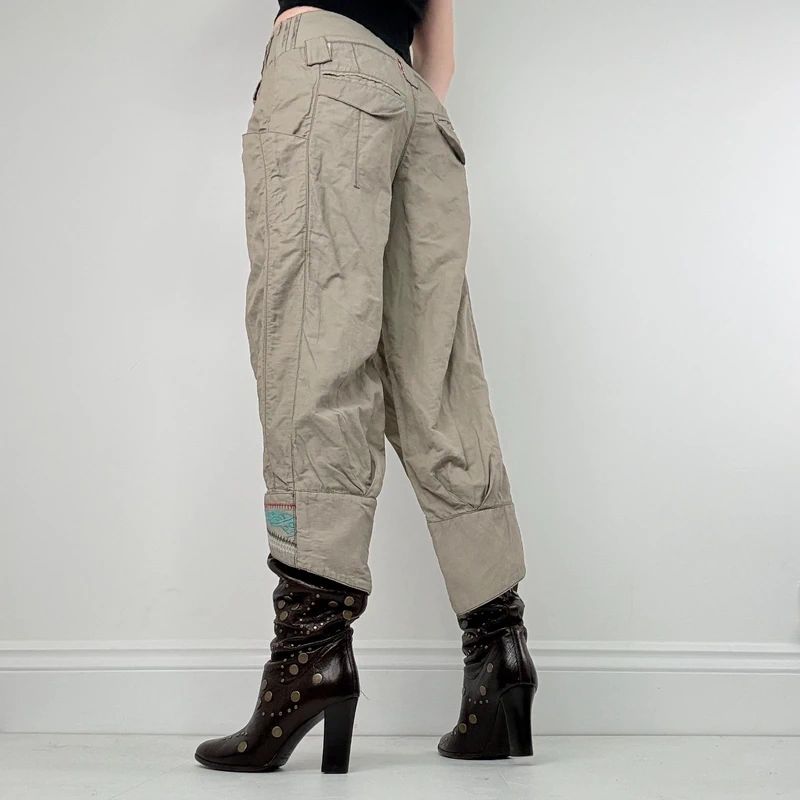 khaki low rise puff pleated trousers