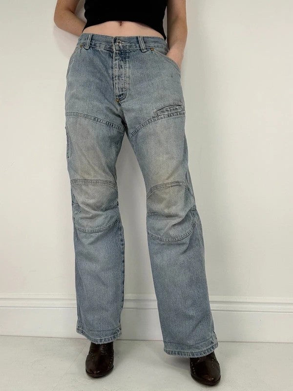 distressed light wash G-star raw cargo flare jeans