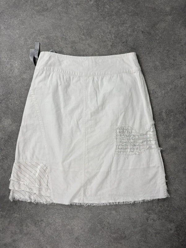 White fray patchwork asymmetrical bow midi skirt