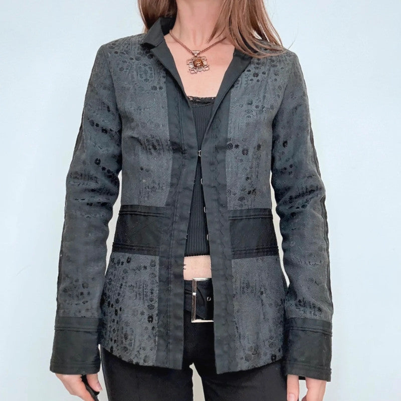 black printed distressed grunge hook and eye jacket