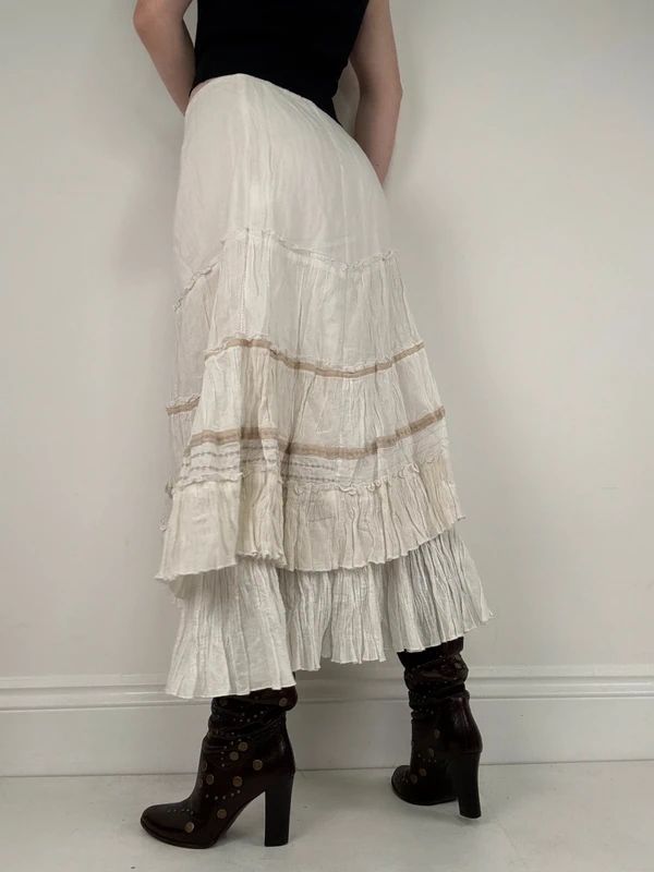 white pleated flared boho fairy maxi skirt