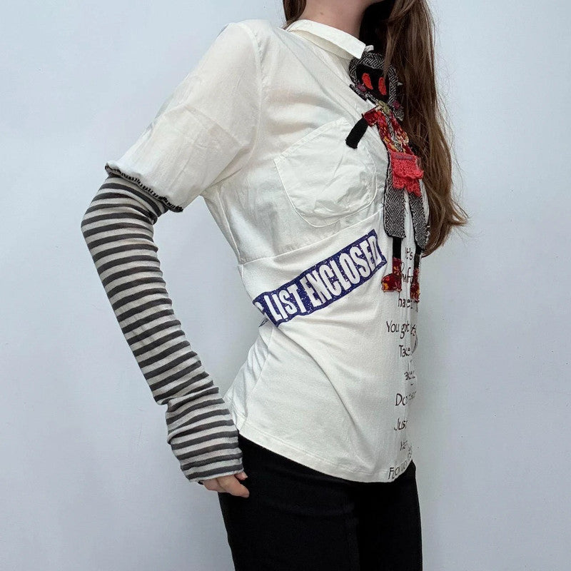 white graphic appliqué puff striped shirt