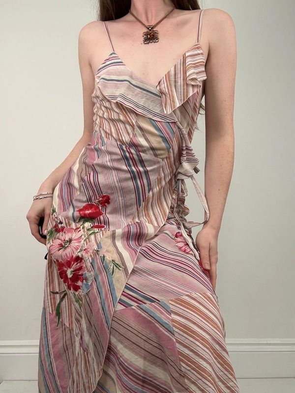 pink pinstripe flared ruffle maxi dress