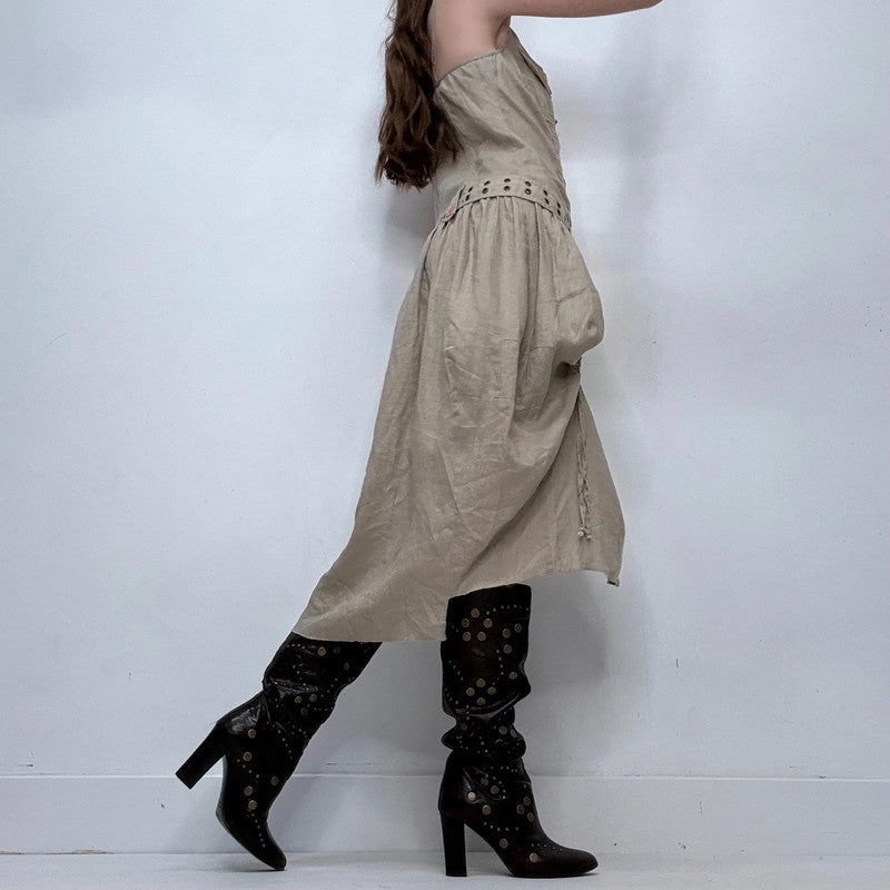 draped khaki belted grunge midi dress