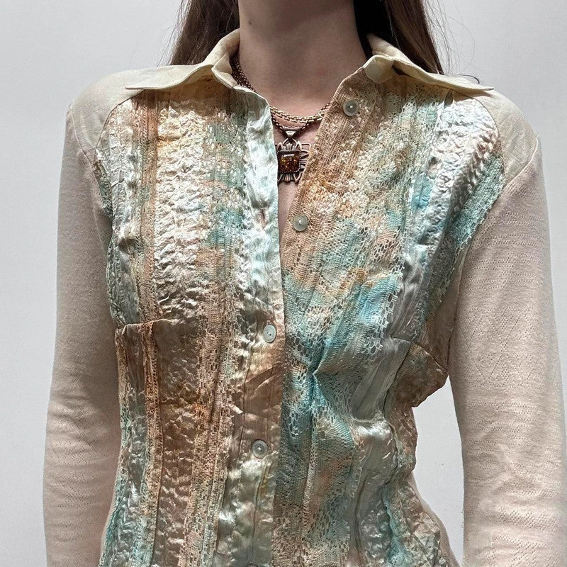lace flared satin ruffle shirt