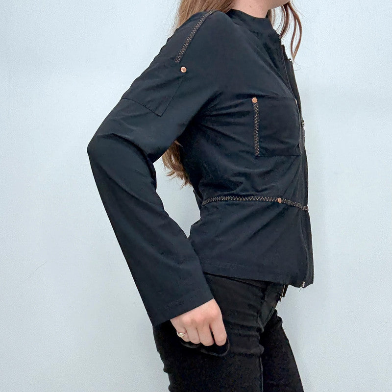 black fitted flared zip shirt