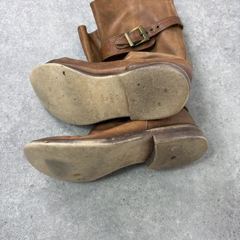 Tan leather buckle biker boots