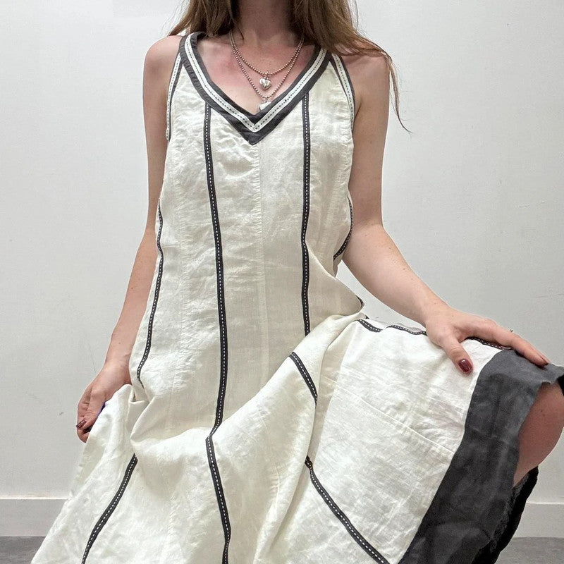 white linen flared ribbon dress