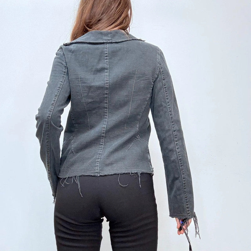 distressed black denim ruffle jacket
